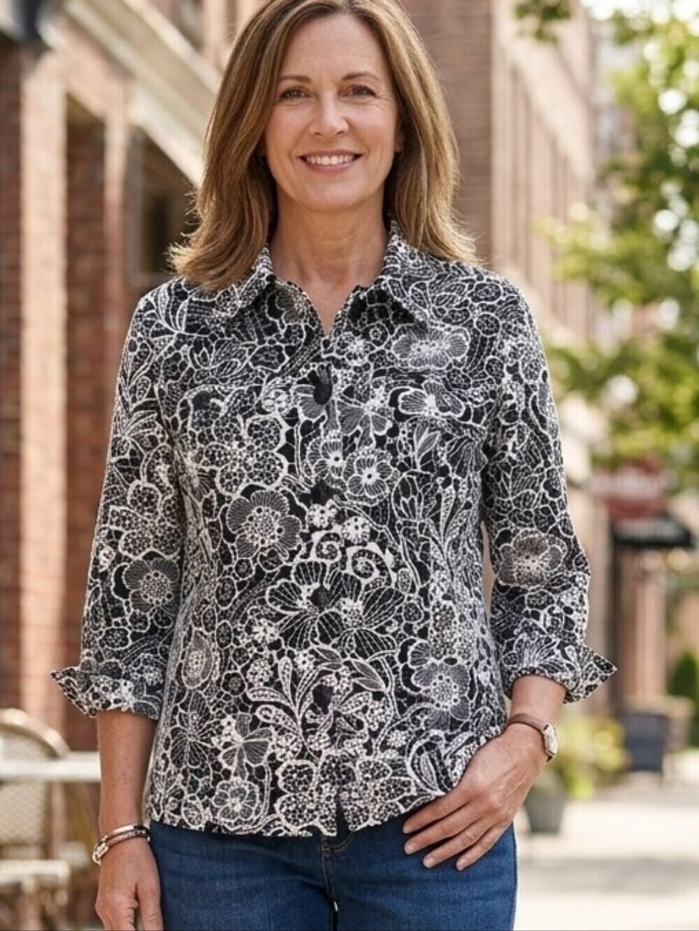 Koret Women's Black White Floral 3/4 Sleeve Shorty Jacket Size Large